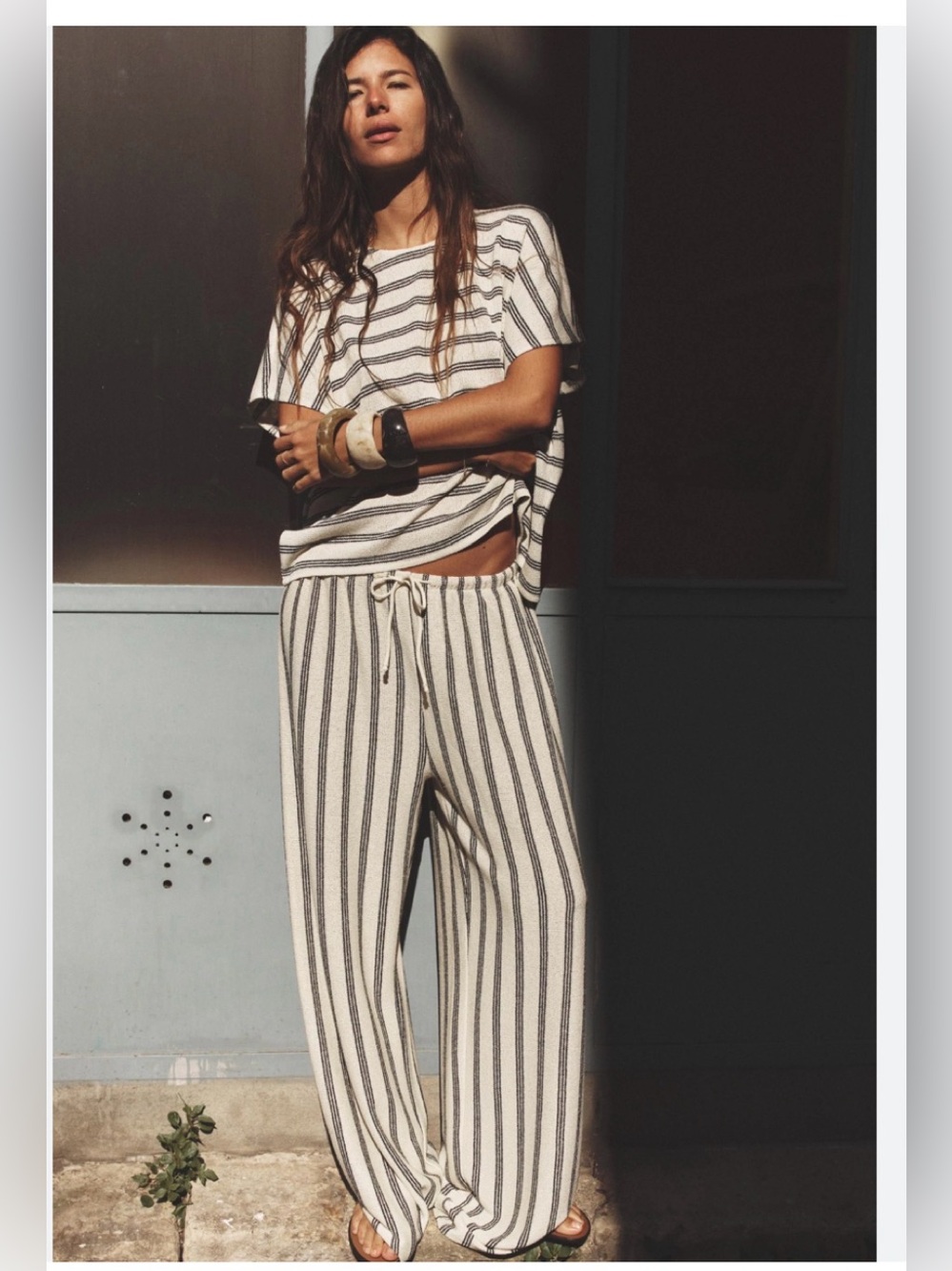 ZARA knit rustic Cream Wide Leg Pants Black Striped ecru beach casual trousers